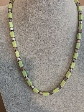 Modern Green Acrylic & Silver-tone Accent Beaded Necklace